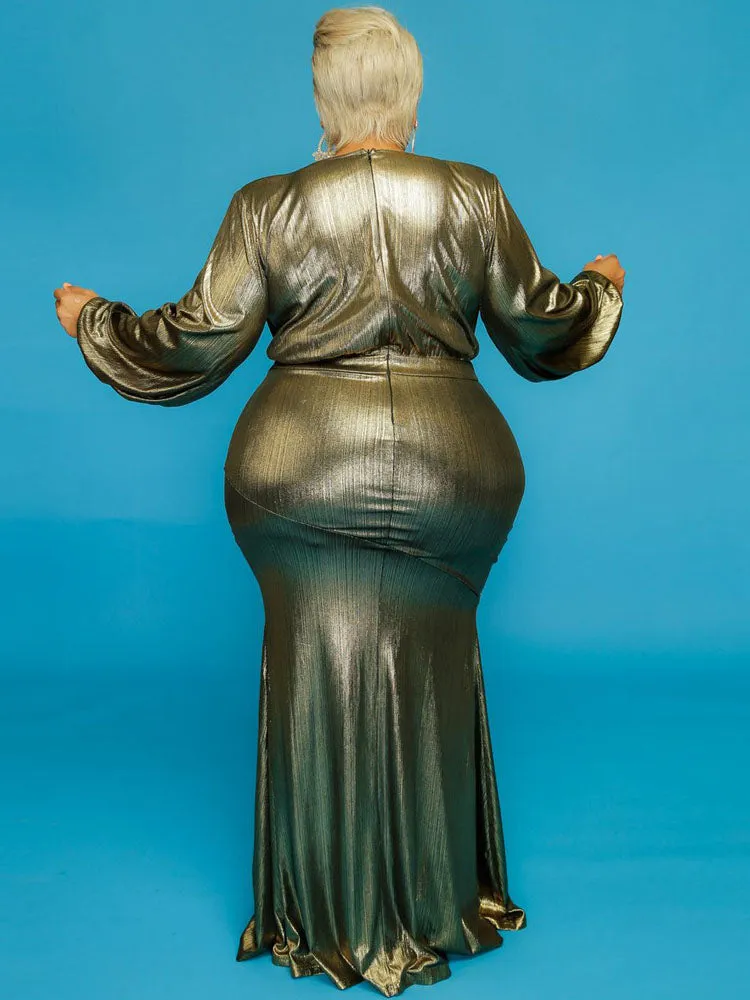 Plus Size Long Sleeves V Neck Maxi Dresses