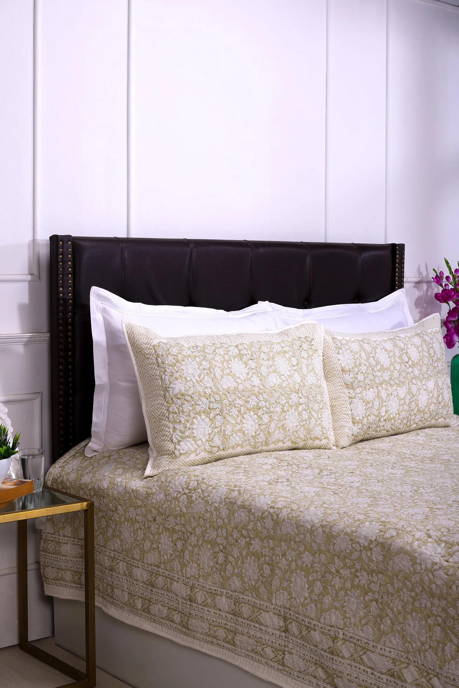Poonam Bagh Block Printed Cotton Quilted Beige Bedcover
