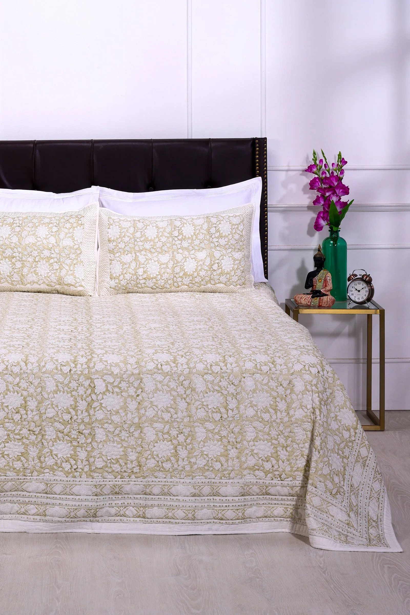 Poonam Bagh Block Printed Cotton Quilted Beige Bedcover