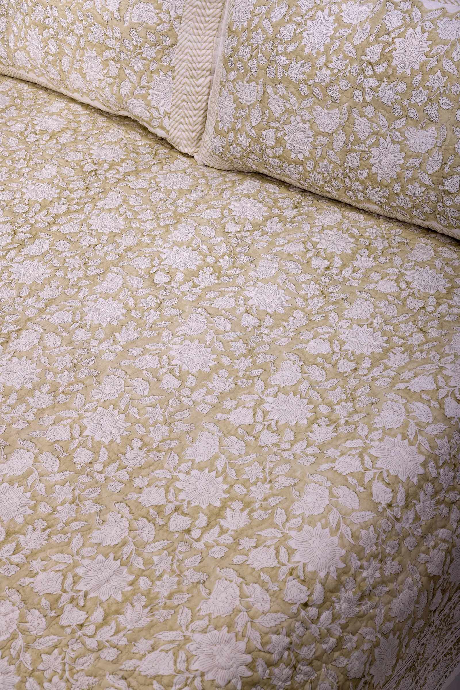Poonam Bagh Block Printed Cotton Quilted Beige Bedcover