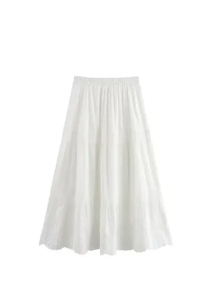 ‘Poppy’ Embroidered White Elastic Waist  Midi Skirt