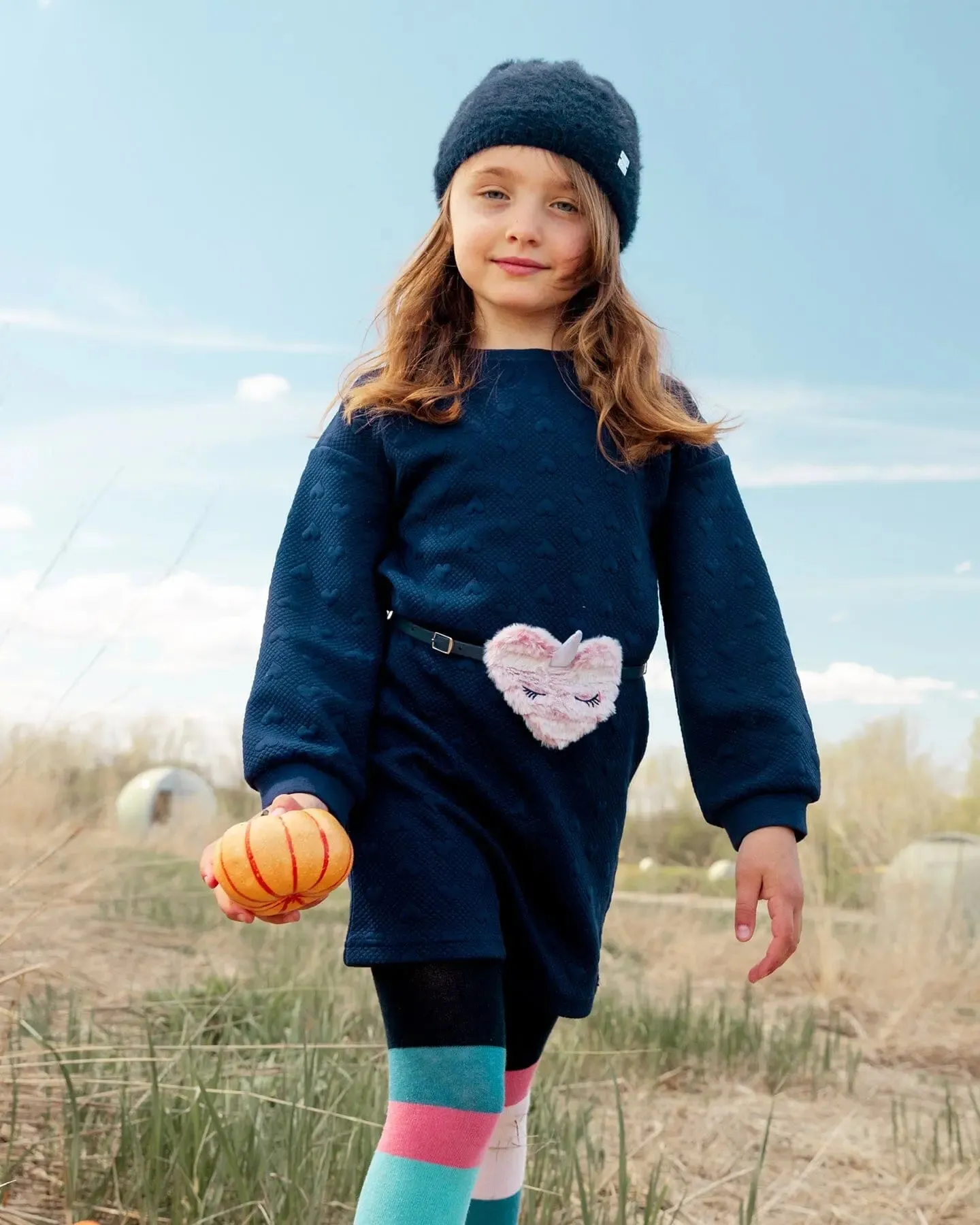 Quilted Heart Fleece Dress With Belt Navy