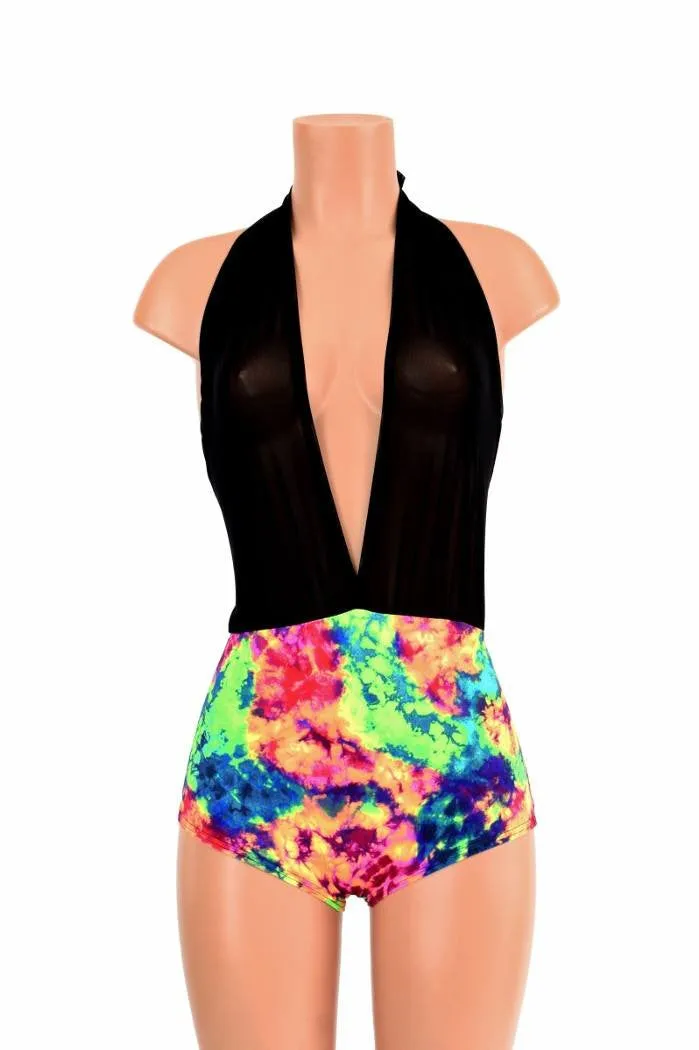 "Josie" Romper in Black Mesh & Acid Splash