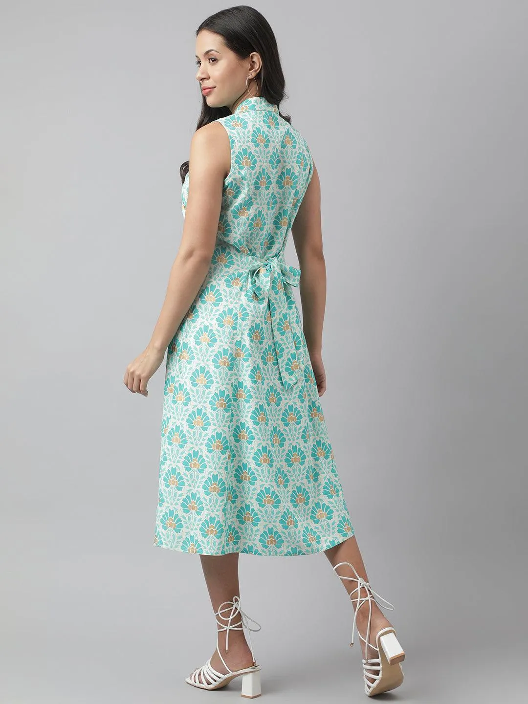 Rayon White A-Line Floral Printed Midi Dress