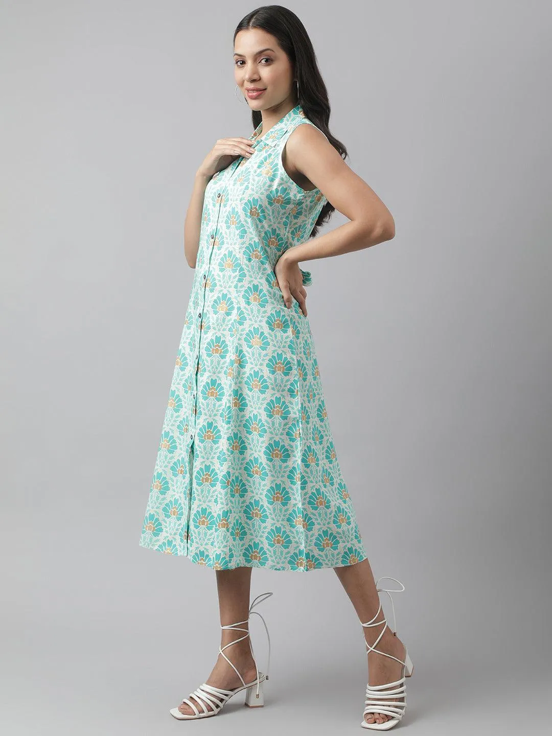 Rayon White A-Line Floral Printed Midi Dress