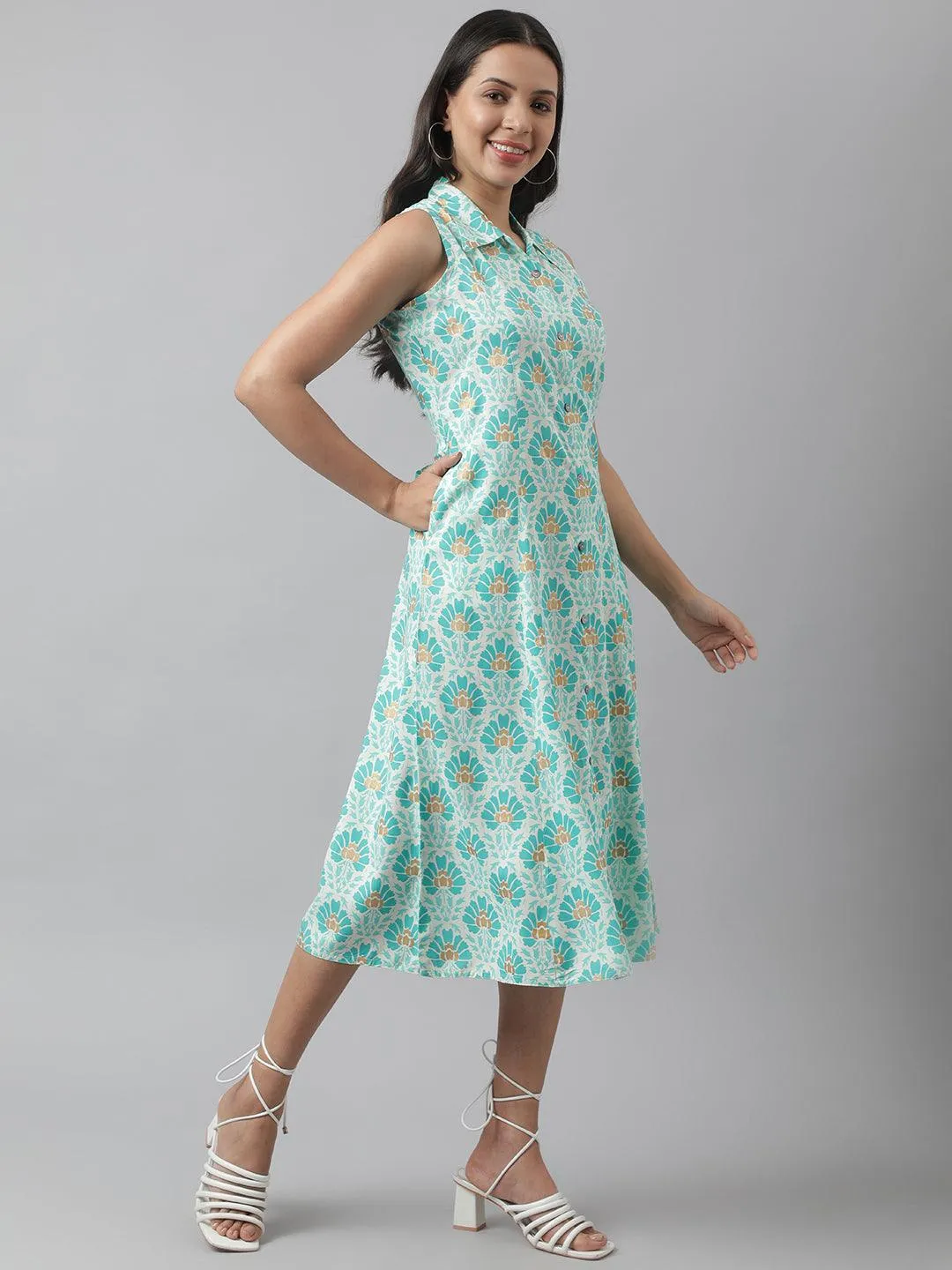 Rayon White A-Line Floral Printed Midi Dress