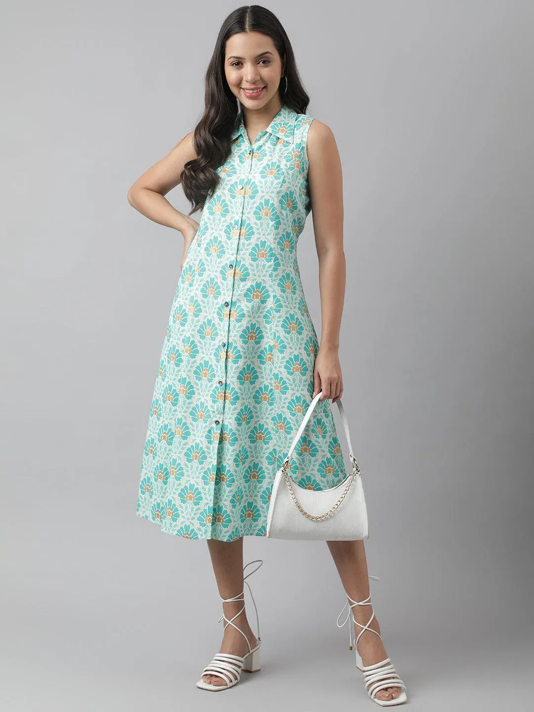 Rayon White A-Line Floral Printed Midi Dress