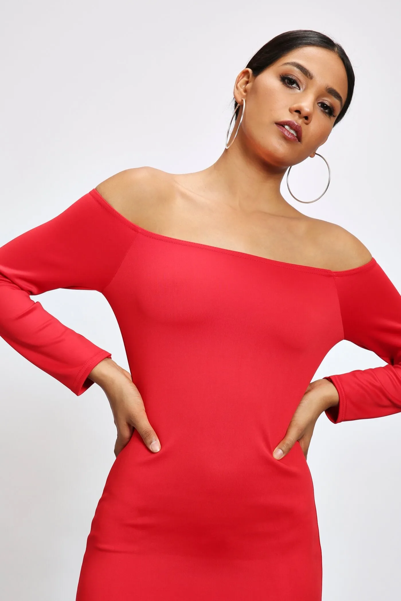 Red Bardot Fluted Midi Dress