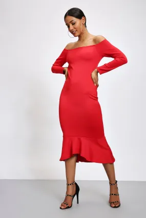 Red Bardot Fluted Midi Dress