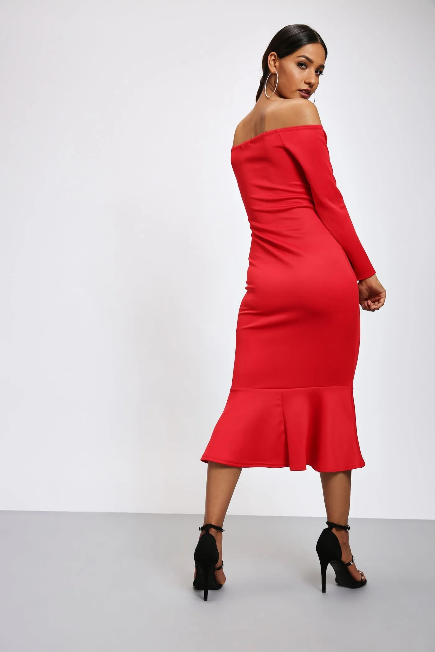 Red Bardot Fluted Midi Dress