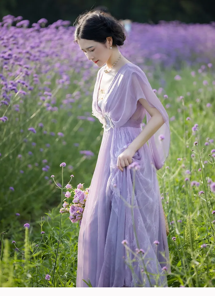 Retro Fairycore Embroidery Lavender Dress