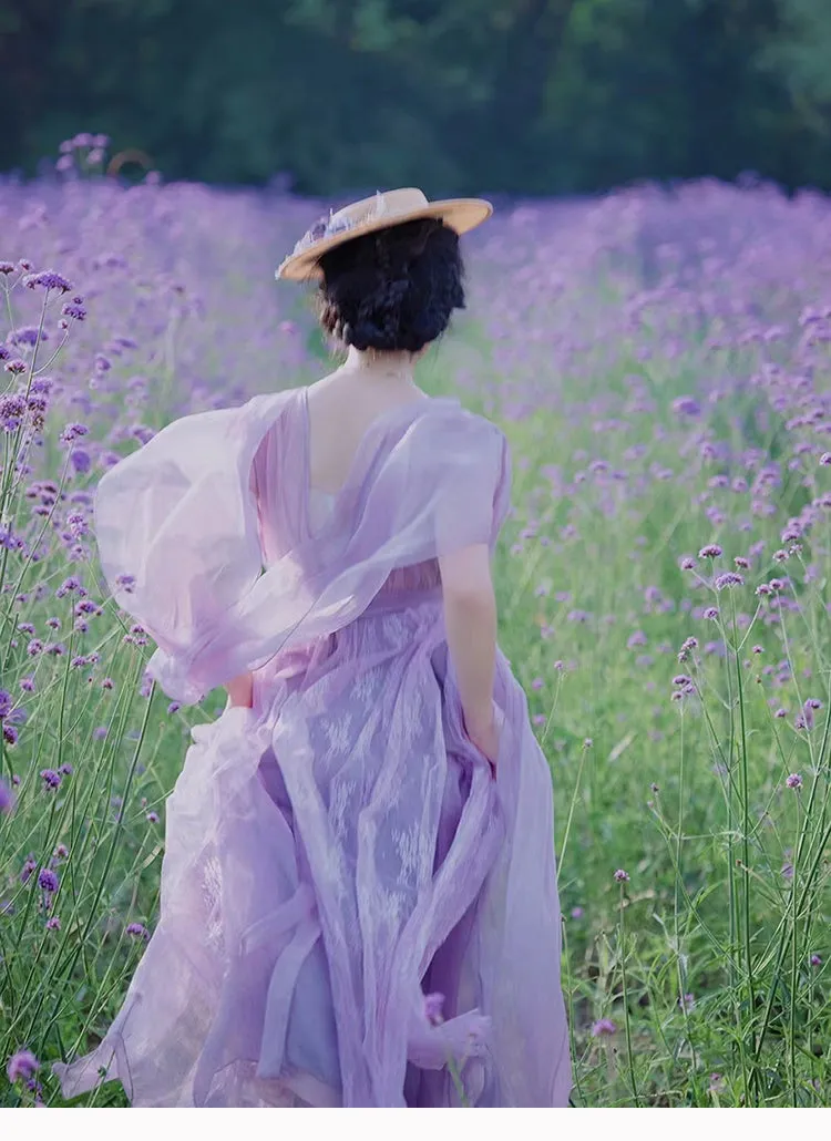 Retro Fairycore Embroidery Lavender Dress