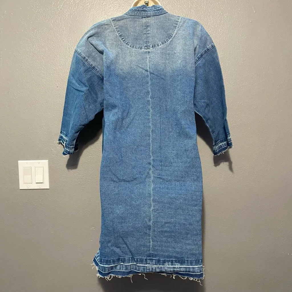 Sandrine Rose Free People Kimono Jean Jacket Blue Distressed Raw Hem Pockets Size XS