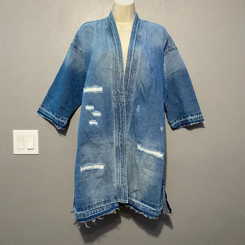 Sandrine Rose Free People Kimono Jean Jacket Blue Distressed Raw Hem Pockets Size XS