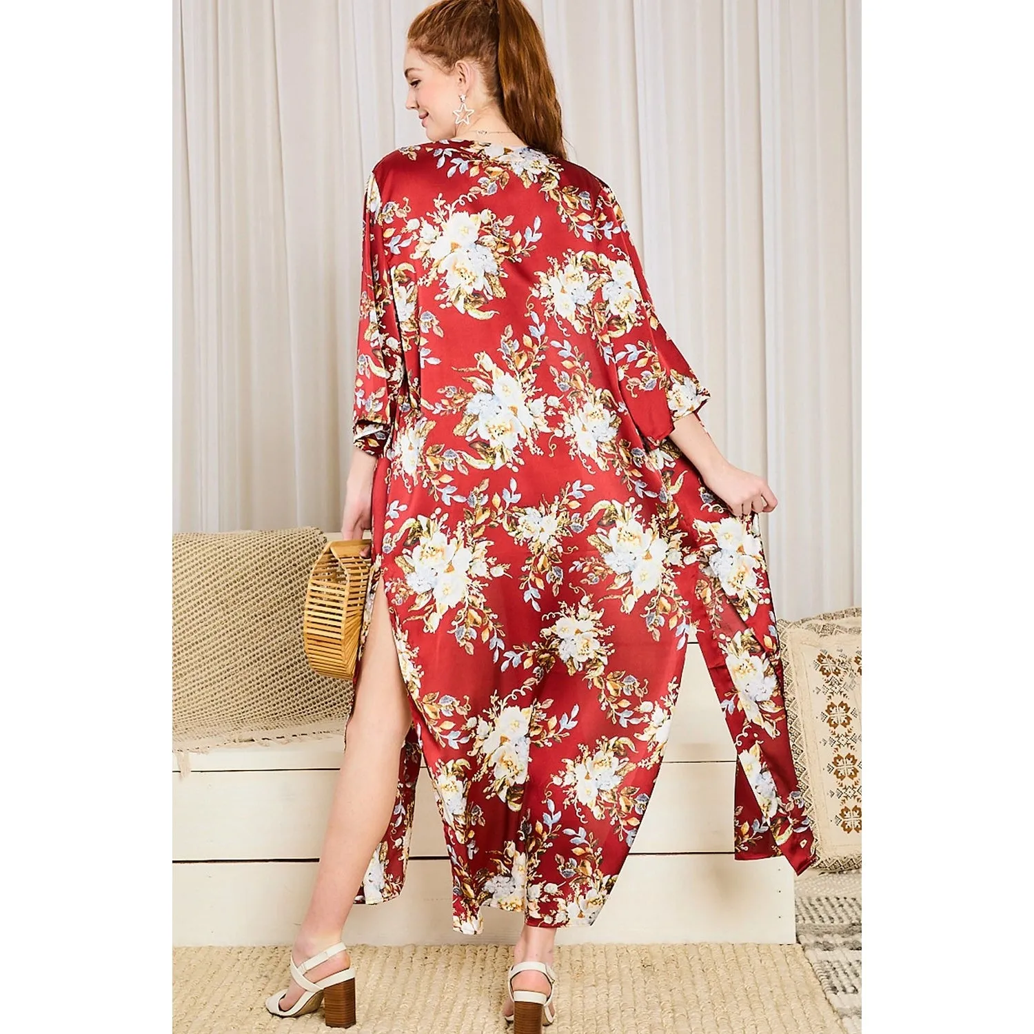 Satin Floral Print Kimono