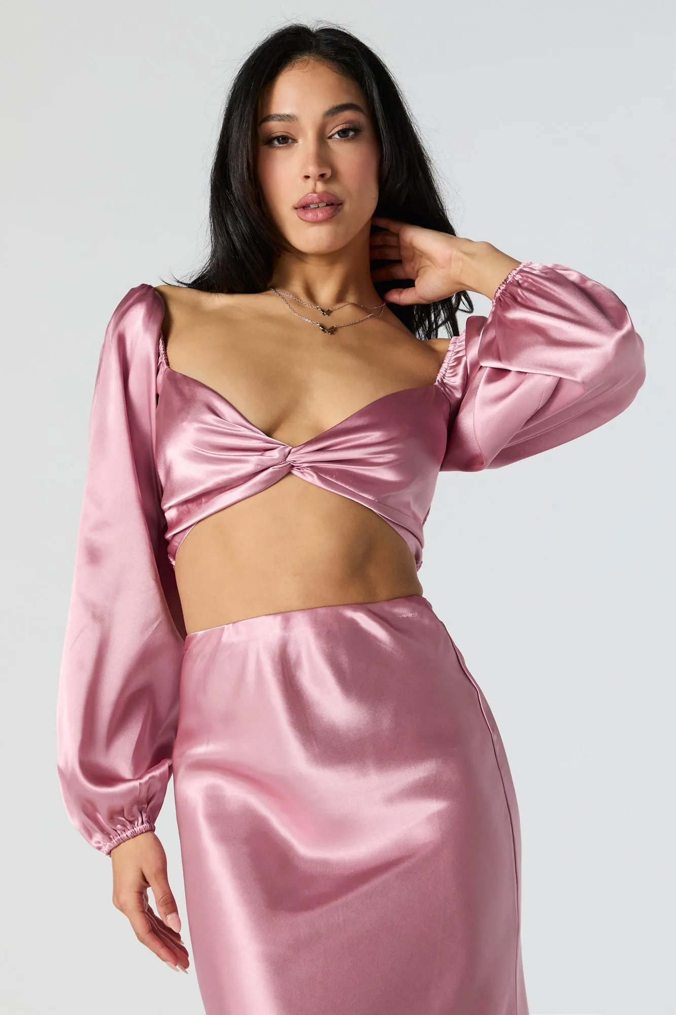 Satin Front Twist Long Sleeve Crop Top