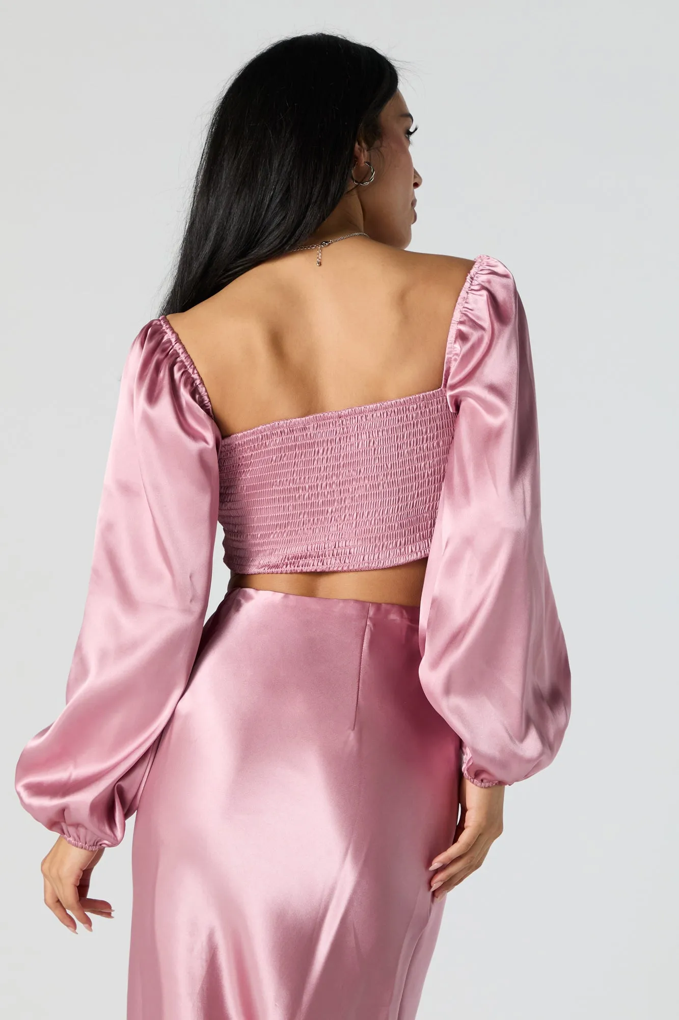 Satin Front Twist Long Sleeve Crop Top
