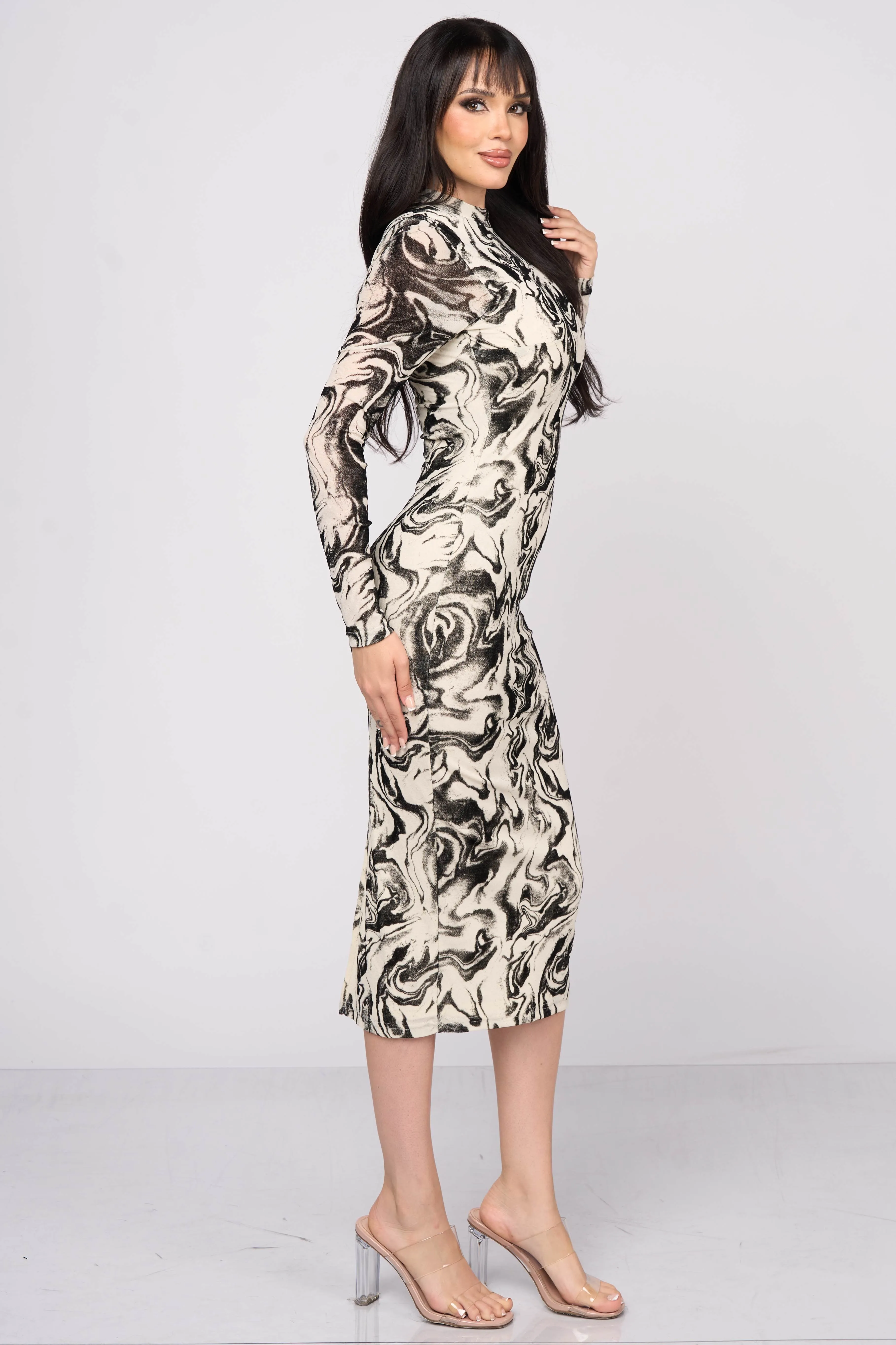 SEXY MARBLE VELVET FLOCKING BODYCON MIDI DRESS