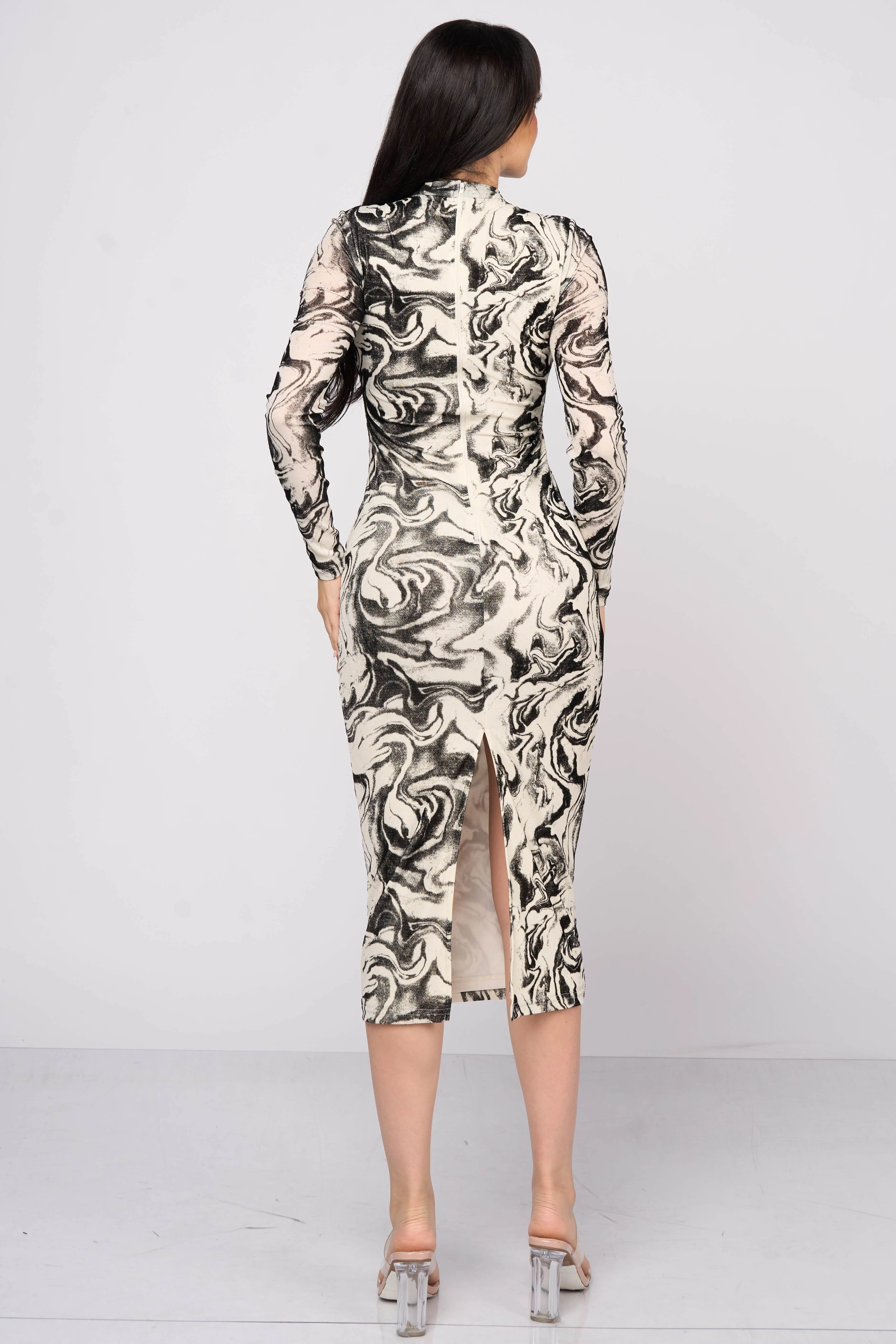 SEXY MARBLE VELVET FLOCKING BODYCON MIDI DRESS