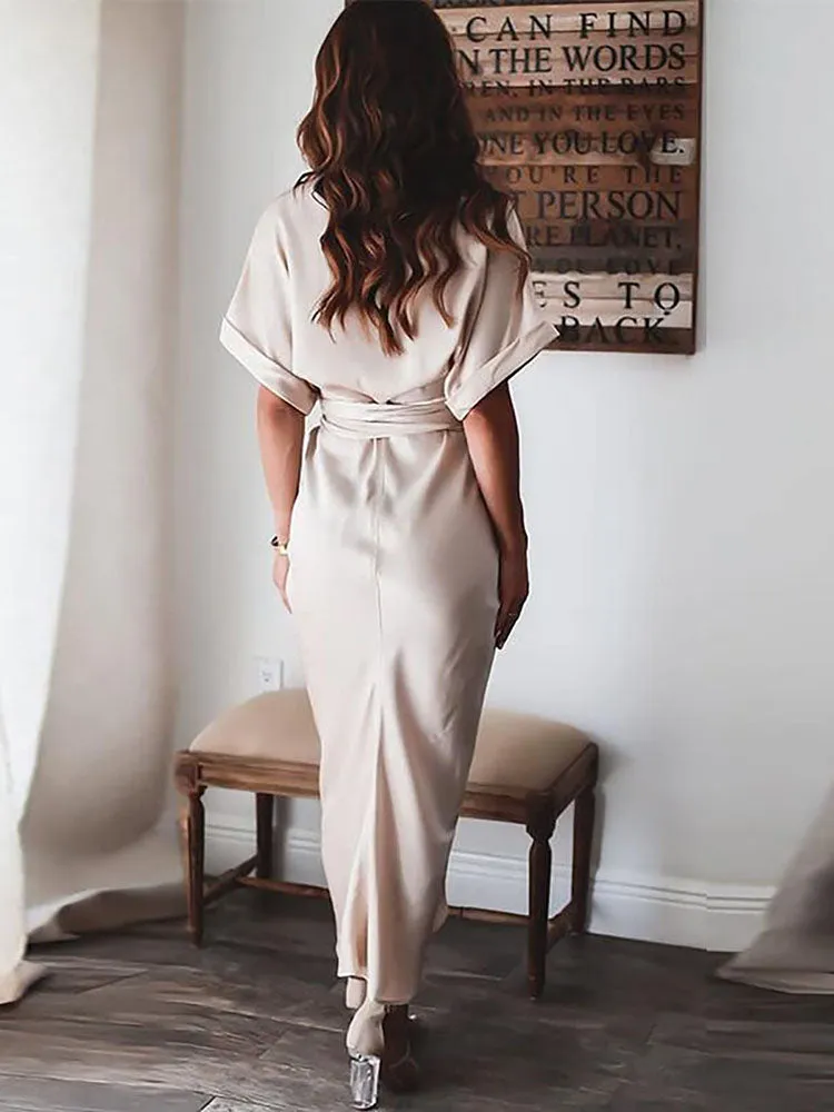 Short Sleeves Solid Color Ruched Maxi Dresses