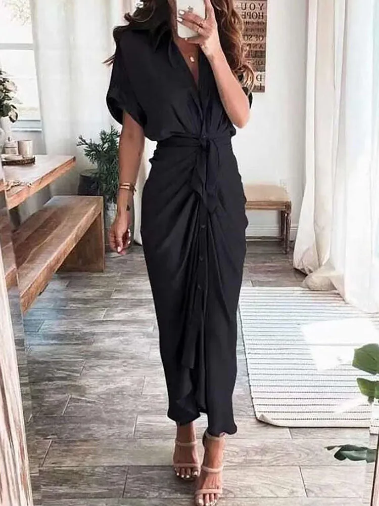 Short Sleeves Solid Color Ruched Maxi Dresses