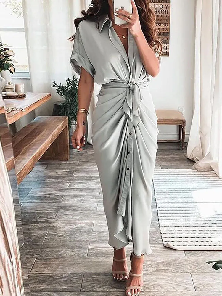 Short Sleeves Solid Color Ruched Maxi Dresses
