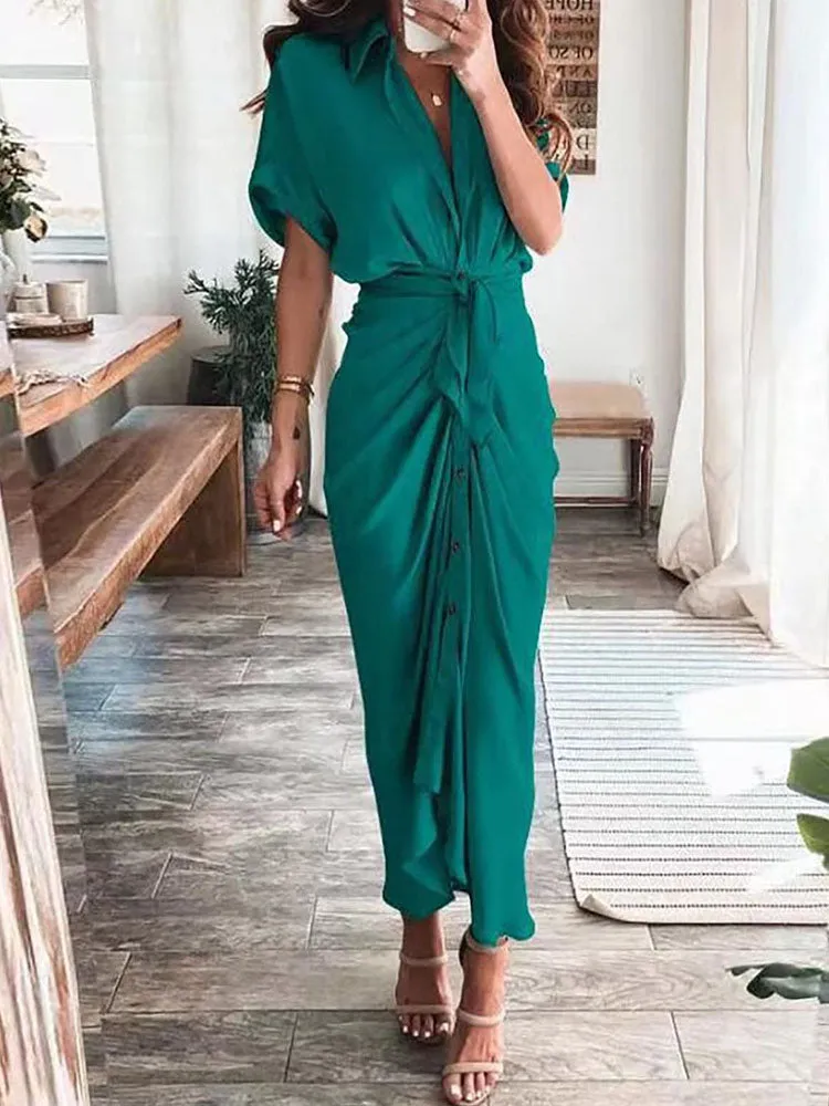 Short Sleeves Solid Color Ruched Maxi Dresses