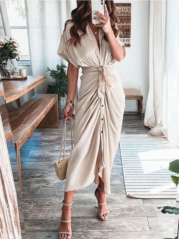Short Sleeves Solid Color Ruched Maxi Dresses