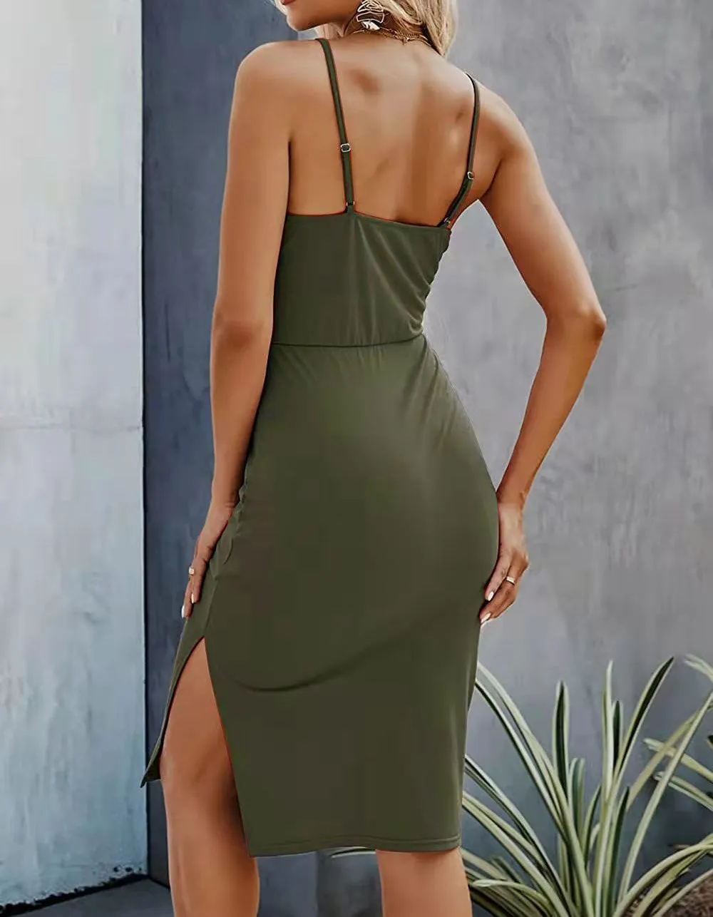 Solid-color Hollow Out Backless Slits Midi Bodycon Dresses