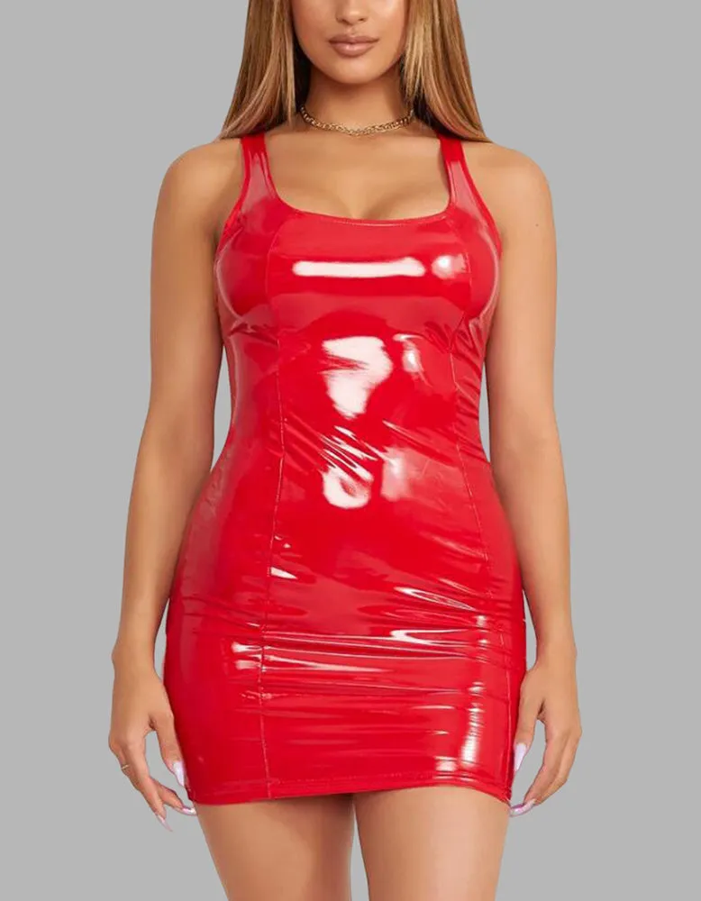 Solid-color Nightclub Latex PU-Leather Short Bodycon Dresses