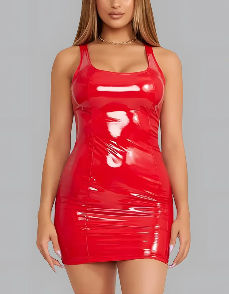 Solid-color Nightclub Latex PU-Leather Short Bodycon Dresses
