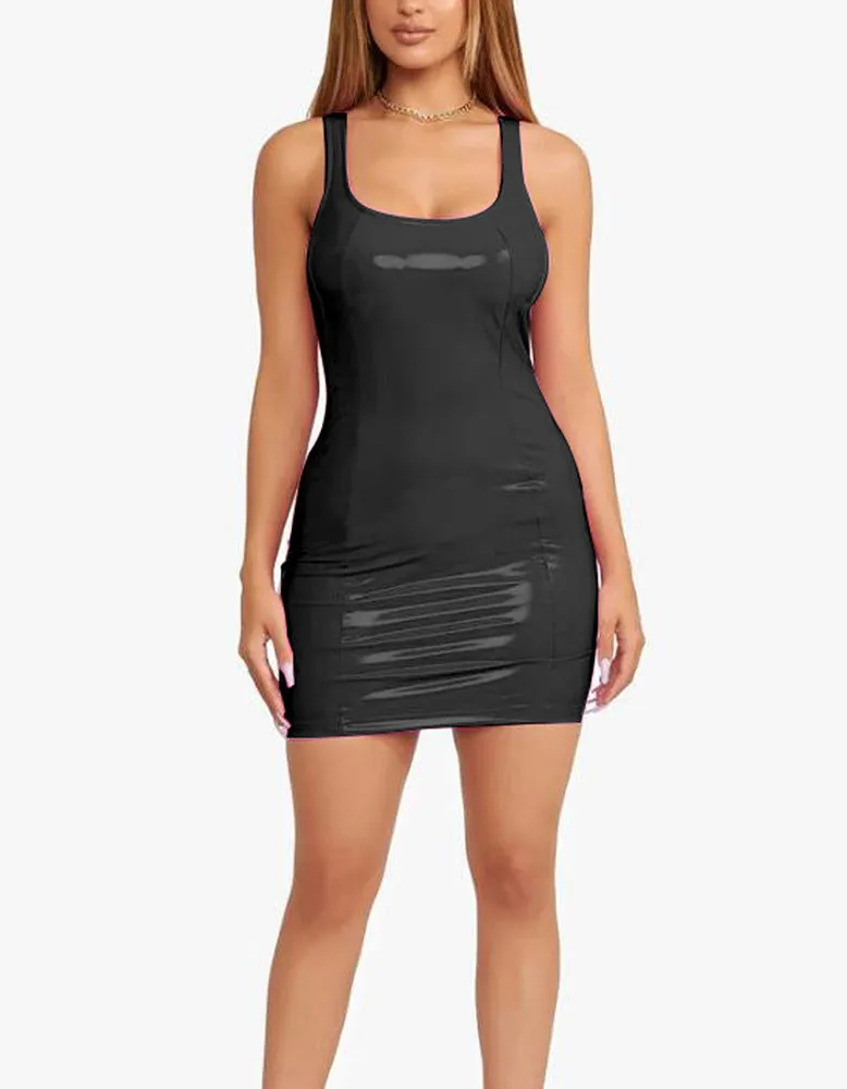 Solid-color Nightclub Latex PU-Leather Short Bodycon Dresses