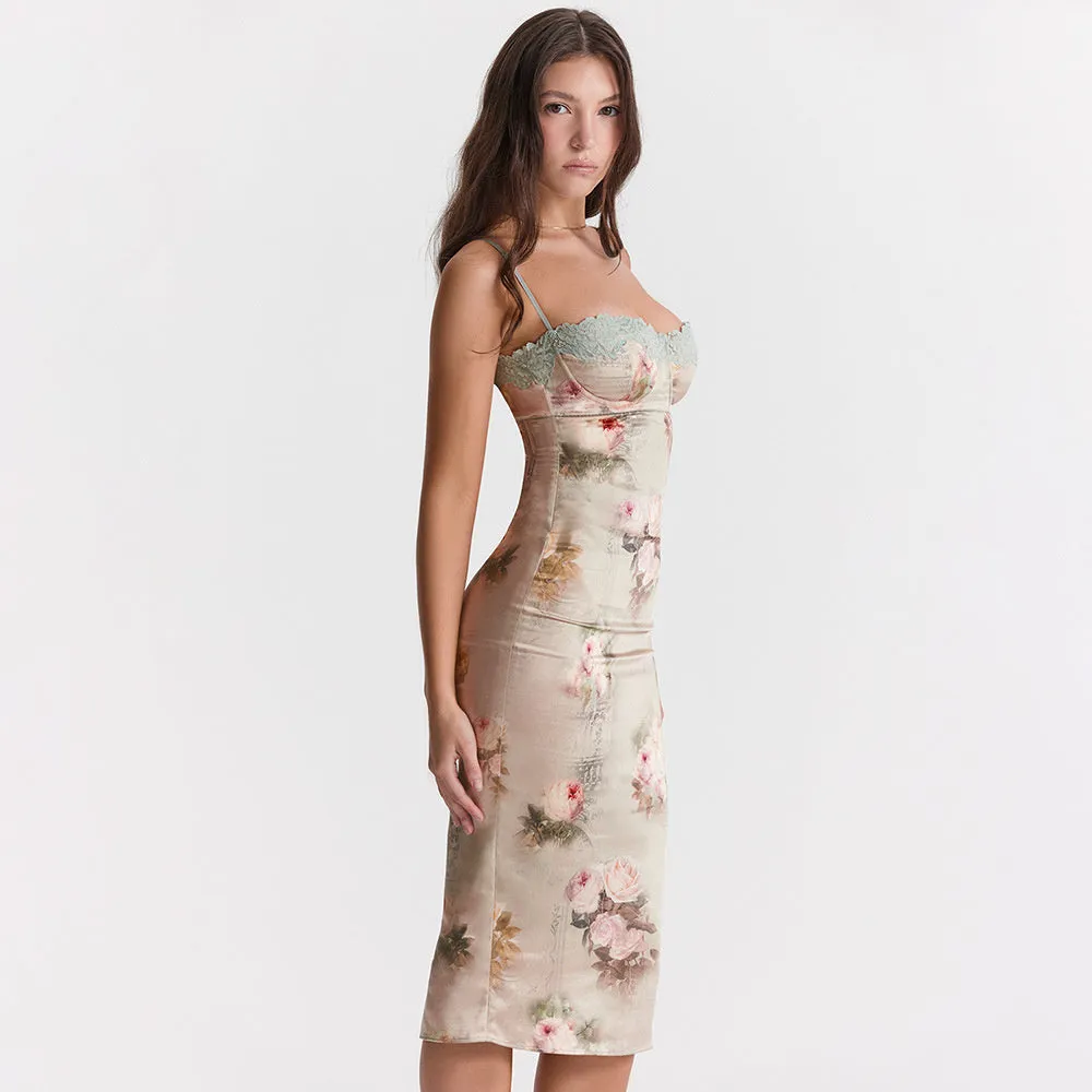 TastyHottie - Kimberly Spaghetti Strap Lace Print Midi Dress