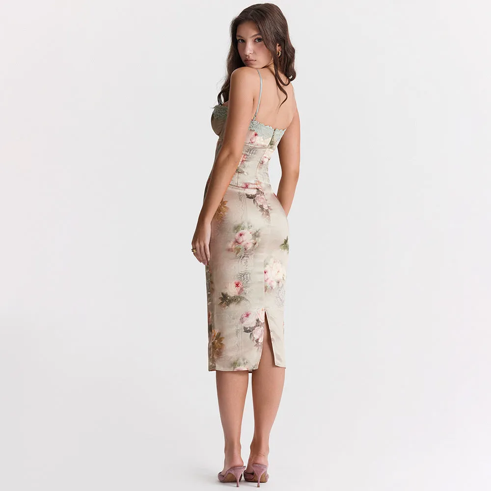 TastyHottie - Kimberly Spaghetti Strap Lace Print Midi Dress