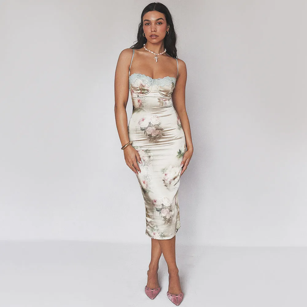 TastyHottie - Kimberly Spaghetti Strap Lace Print Midi Dress