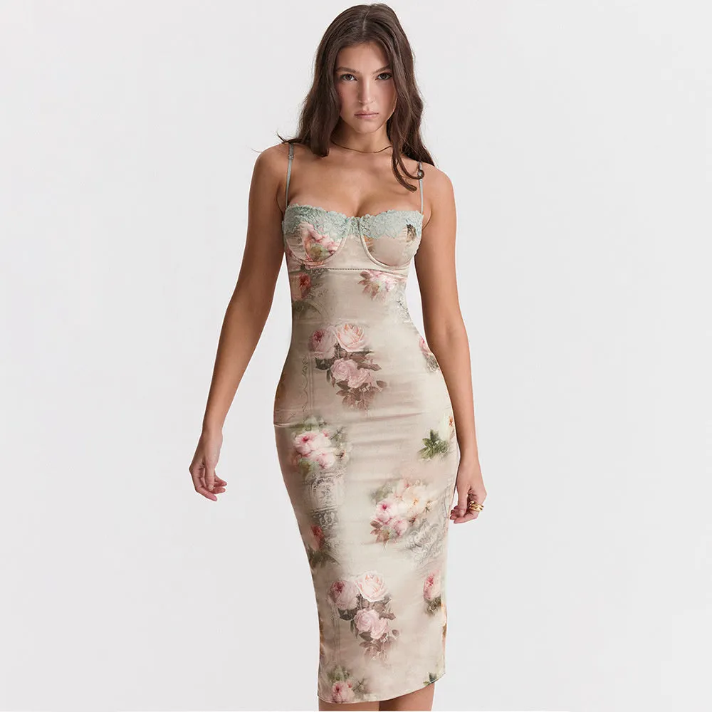 TastyHottie - Kimberly Spaghetti Strap Lace Print Midi Dress