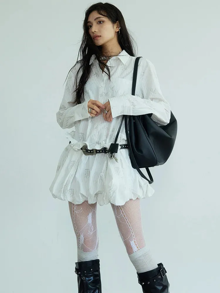 TEEK - White Pattern Belted Ruffles Shirt Dress