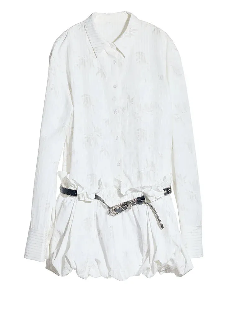 TEEK - White Pattern Belted Ruffles Shirt Dress