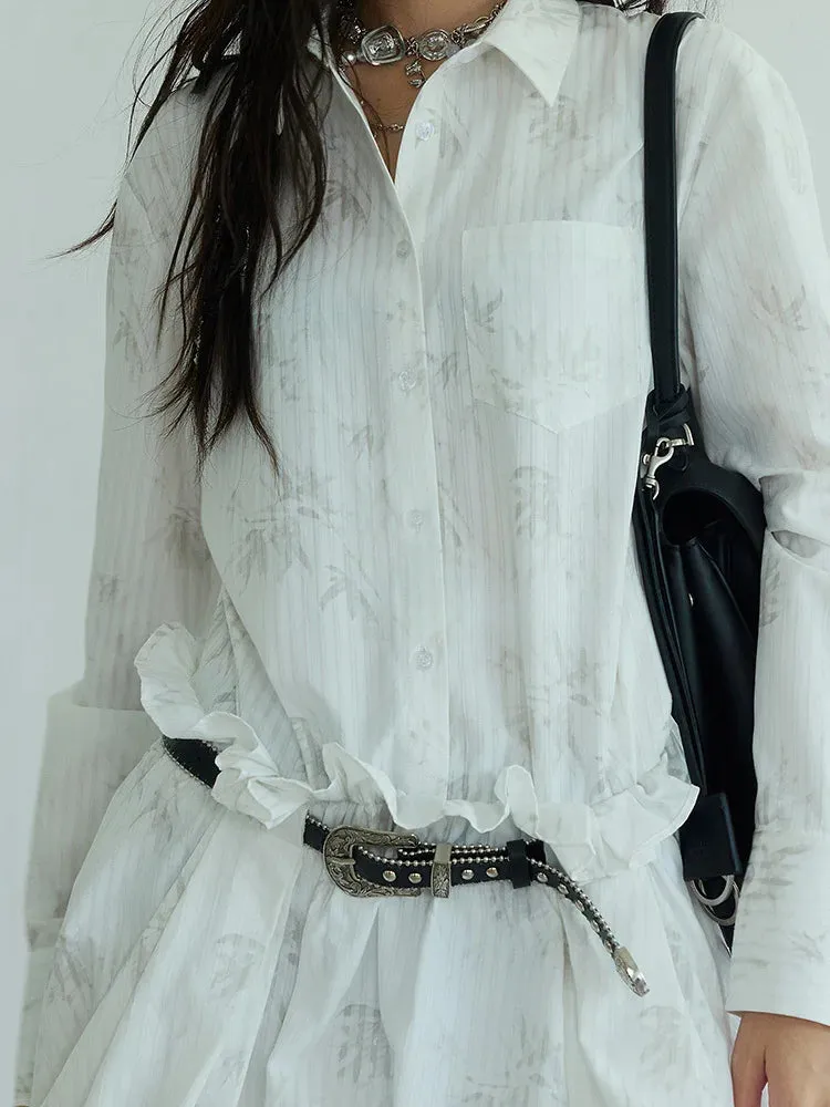 TEEK - White Pattern Belted Ruffles Shirt Dress