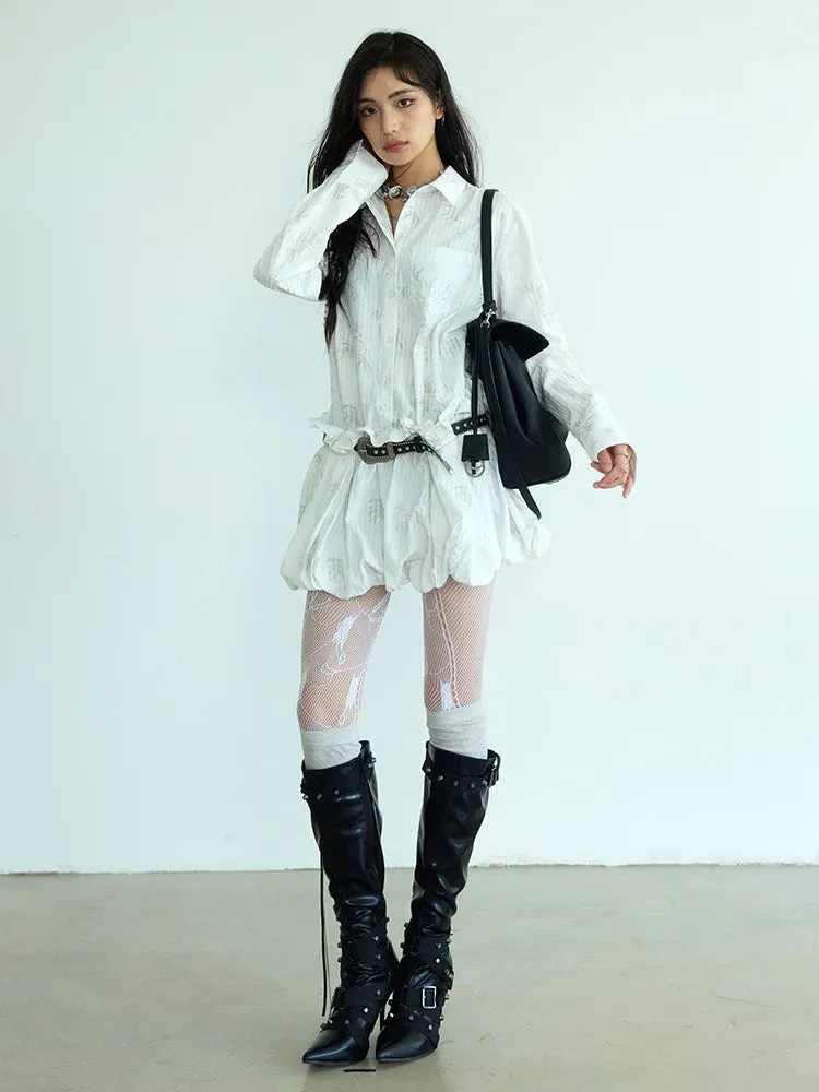 TEEK - White Pattern Belted Ruffles Shirt Dress