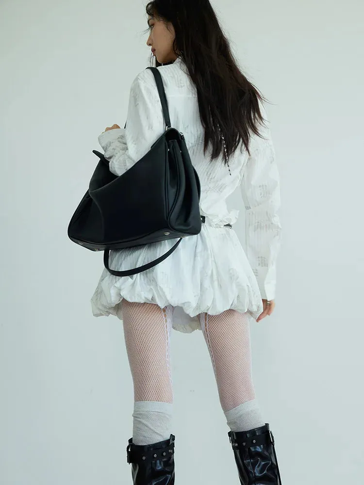 TEEK - White Pattern Belted Ruffles Shirt Dress