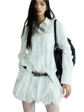 TEEK - White Pattern Belted Ruffles Shirt Dress