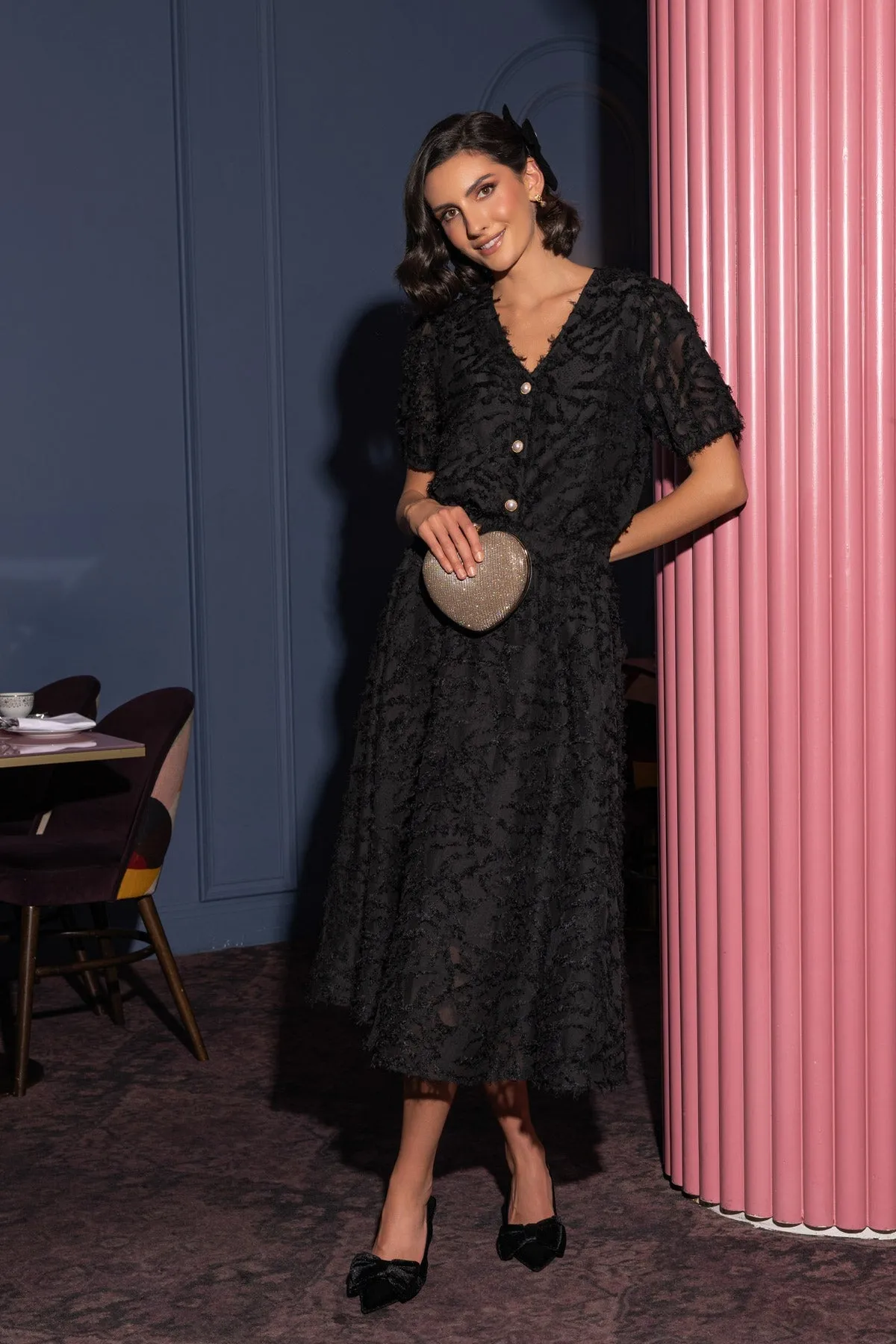 Textured Midi Skirt in Black