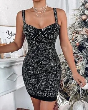 Thin Strap Rhinestone Decor Bodycon Dress
