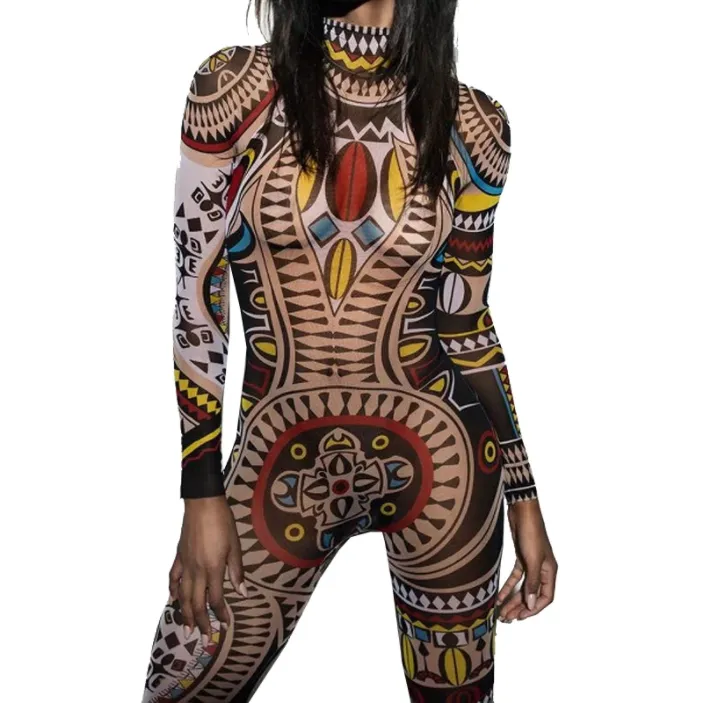 Tribal Tattoo Print Mesh Rave Bodysuit