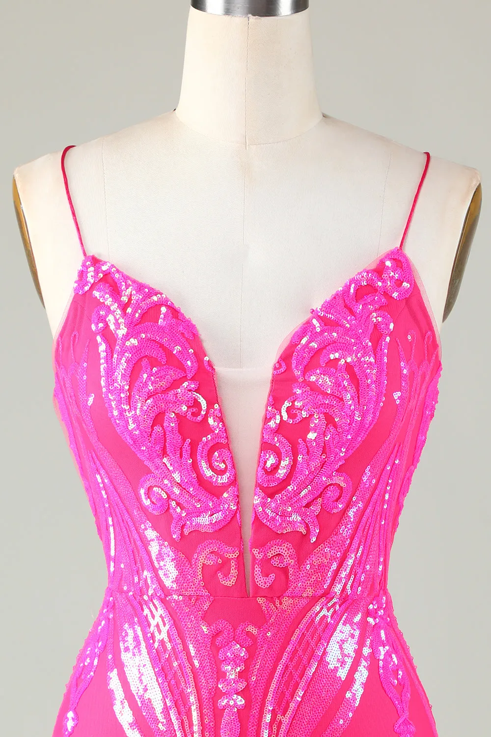 Unique Glitter Hot Pink Tight Short Homecoming Dress with Lace Up Back