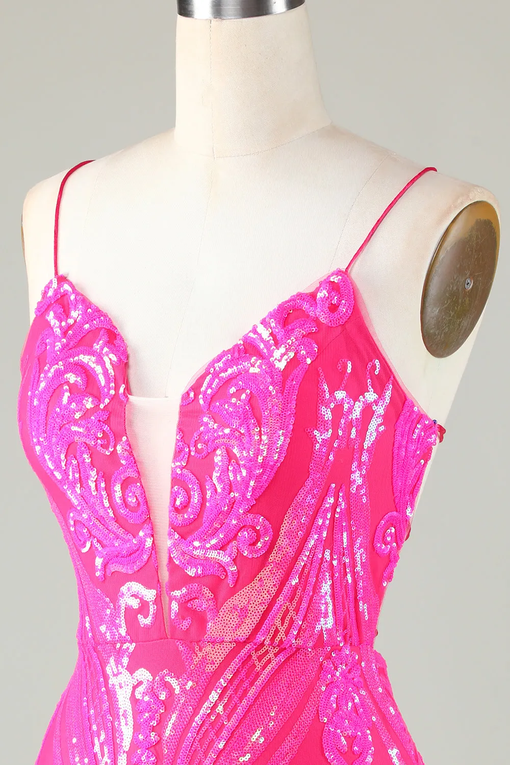 Unique Glitter Hot Pink Tight Short Homecoming Dress with Lace Up Back