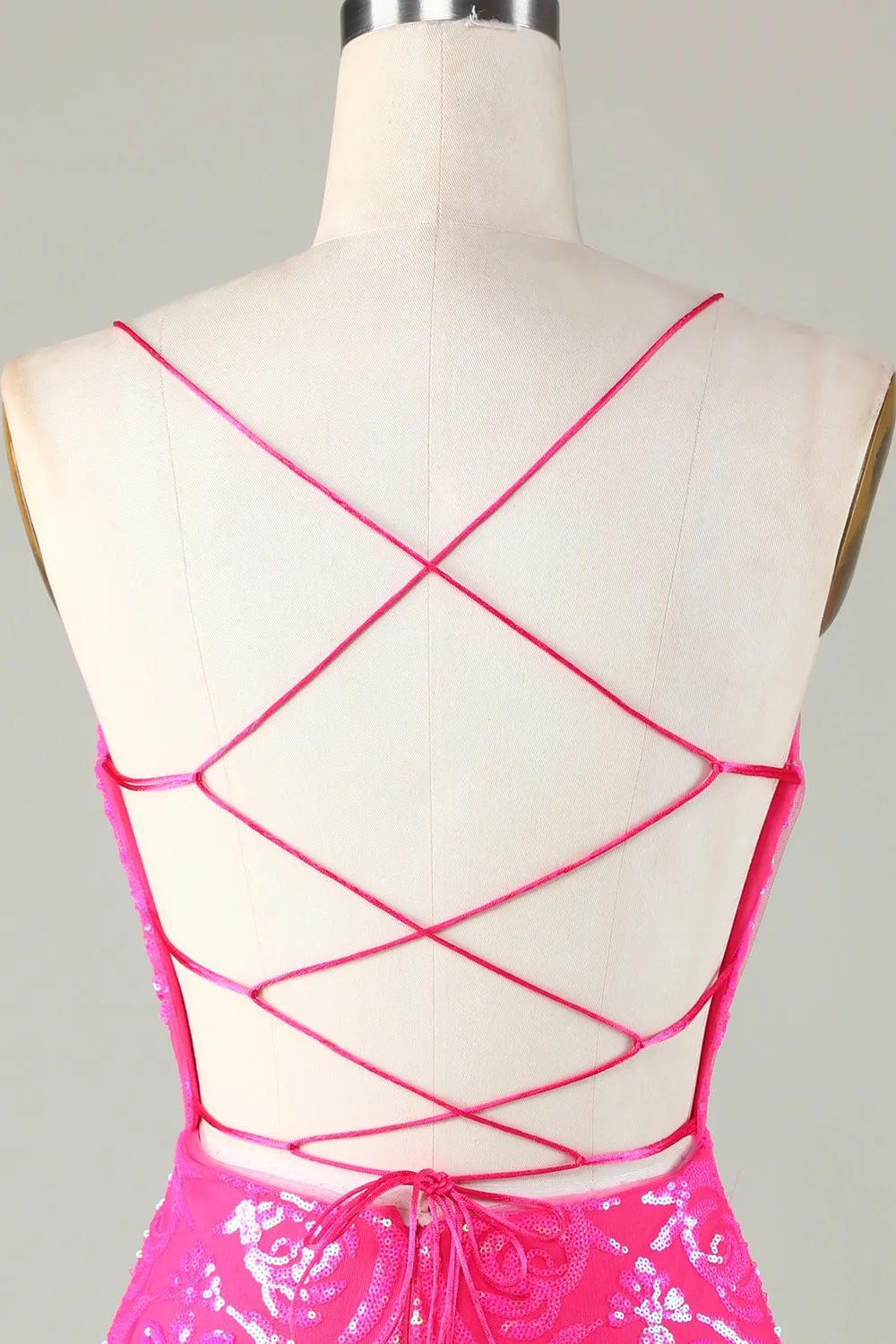 Unique Glitter Hot Pink Tight Short Homecoming Dress with Lace Up Back