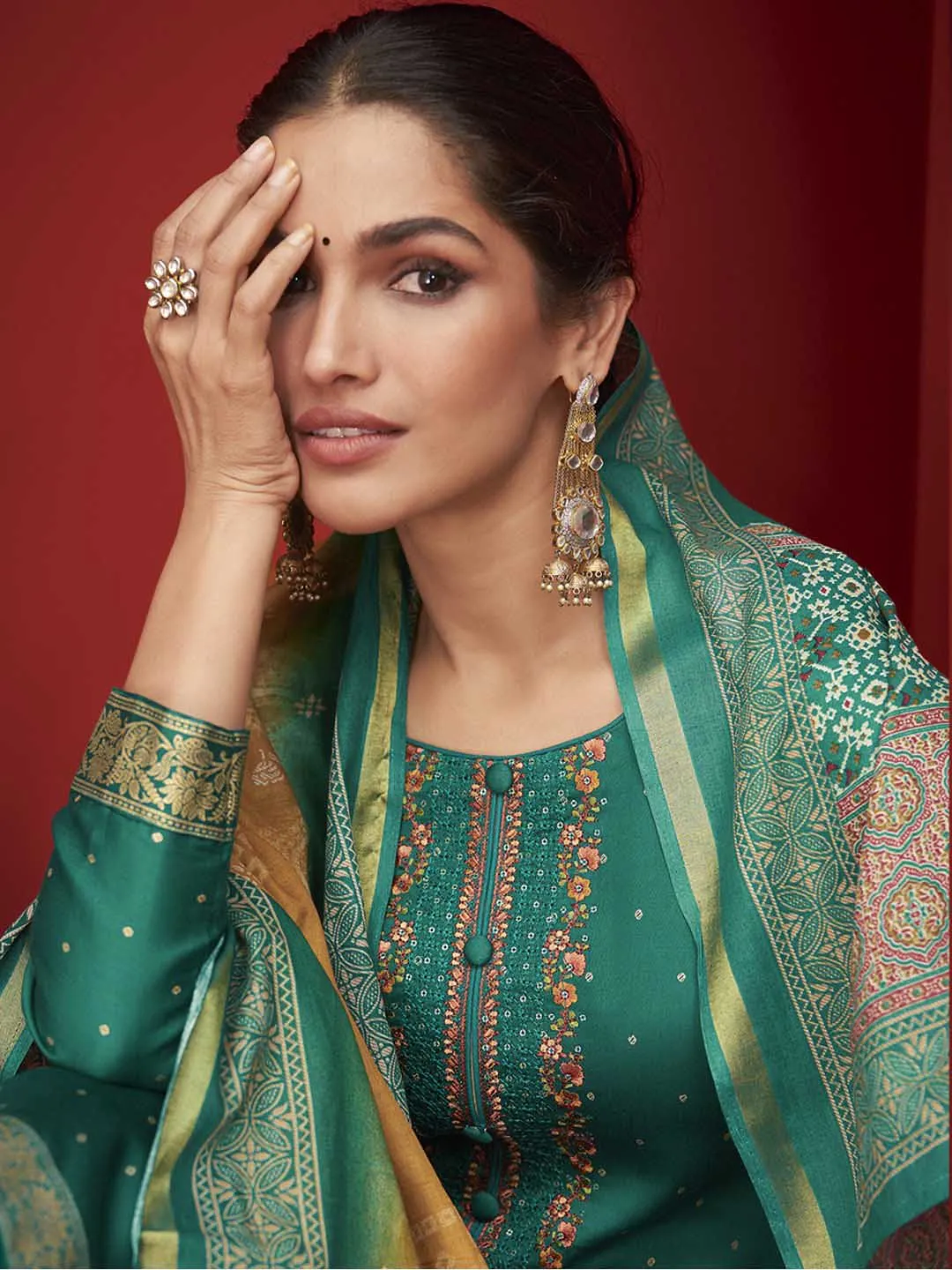 Unstitched Embroidered Cotton Satin Green Salwar Suit Material