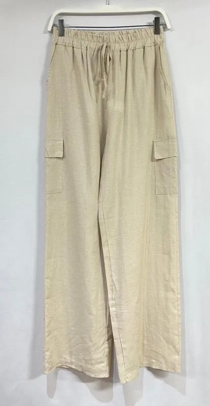 VENTI6 WIDE LEG LINEN PANTS WITH CARGO POCKET - BEIGE OR WHITE